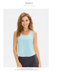 Front view of sleeveless light blue yoga vest with relaxed fit and round neckline