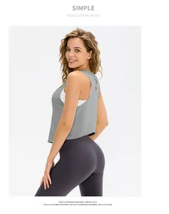 Close-up of gray yoga tank top featuring a diamond hollow-out back design and high-stretch fabric