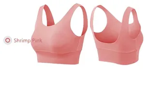Detailansicht eines nahtlosen Sport-BHs in Garnelenrosa mit breiten Trägern und U-Ausschnitt