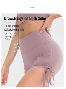 Detail view of high waist yoga shorts with adjustable side drawstrings in light purple