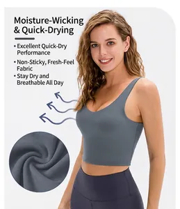 Close-up of moisture-wicking fabric texture on women's grey-blue yoga sports bra