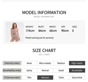Detailed size guide and performance index chart for high-waist yoga shorts and top