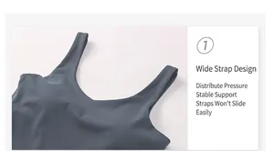Detail of wide shoulder straps on a dusty blue sports bra showing pressure relief design
