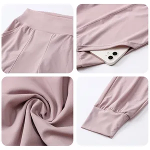 Vues détaillées du pantalon de yoga taille haute avec poches latérales et bas élastiques