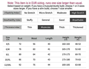 Detailed size chart for high-stretch yoga sports bra with European sizing guidelines