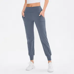 Dunkelblaugraue Yoga-Jogginghose für Damen mit hoher Taille, Taschen und schmalem Schnitt