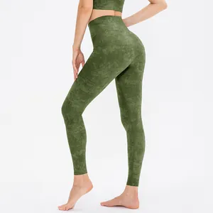 Women's high waist yoga leggings in moss green with marble texture and lifting effect