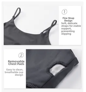 Detail of grey yoga bra showing thin shoulder straps and removable breathable pads