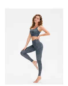 Close-up of high-elastic printed yoga set with marble pattern bra and leggings