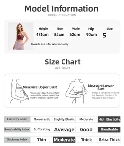 Size chart for breathable yoga bra showing measurement guide and fabric stretch index
