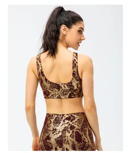 Rear view of high-stretch snakeskin print sports bra and leggings set for women