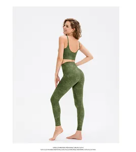 Detail view of high elastic dark green tie-dye yoga set featuring sports bra and leggings