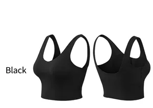 Front and back detail of high-elasticity black sports bra with racerback design