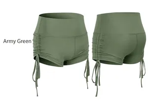 Detail view of army green high-waisted yoga shorts with side drawstring ruching details