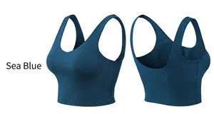 Macro detail of seamless sea blue yoga bra with high elasticity and U-shaped back design