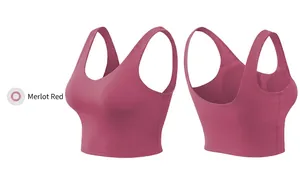 Front and back detail of Merlot Red seamless yoga sports bra with wide straps