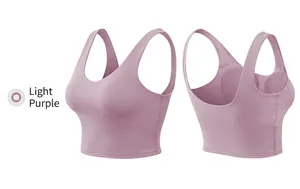 Detail view of light purple yoga bra with racerback design and flatlock stitching