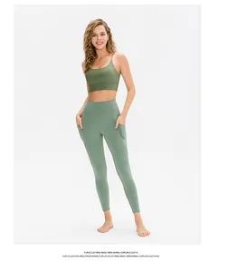 Macro view of olive green yoga sports bra with thin straps and breathable fabric