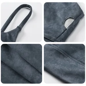 Detail view of printed yoga bra showing mesh breathability and flatlock stitching