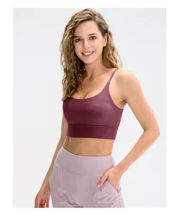 Detail of high-stretch sports bra with thin straps and breathable fabric for yoga