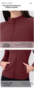 Détail de la veste de yoga bordeaux montrant le col montant et les poches latérales