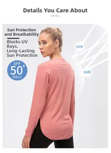 Detail of rose pink yoga top featuring breathable fabric and UPF 50+ sun protection