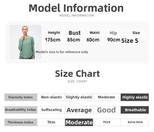 Guide des tailles avec les mensurations du mannequin et les propriétés du t-shirt de sport