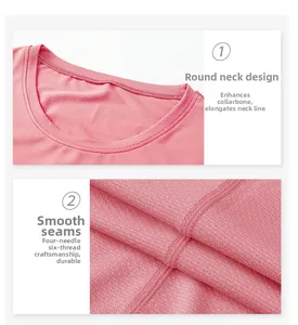Detail of pink yoga shirt featuring professional flat seams and a breathable crew neck