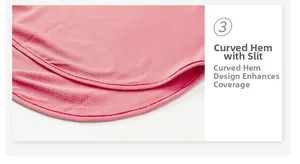 Detail of pink yoga top showing curved split hem and breathable mesh fabric with stitching