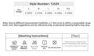 Tableau des tailles et conseils de lavage pour le t-shirt de sport à manches longues