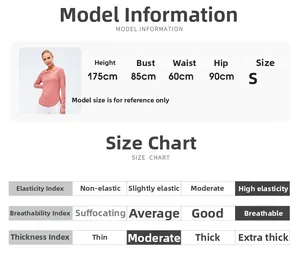 Detailed size chart for yoga top featuring model measurements and fabric stretch data