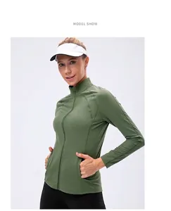 Detail of avocado green women's slim fit zip-up sports jacket for running and gym workouts