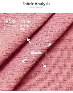 Macro detail of pink yoga fabric showing 85% polyester and 15% spandex stretch material