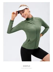 Slim fit olive green yoga jacket with zipper and stand collar detail for active women