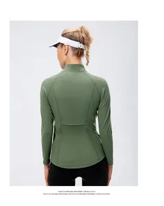 Detailed back view of slim-fit yoga jacket with breathable waist pleats and stand collar