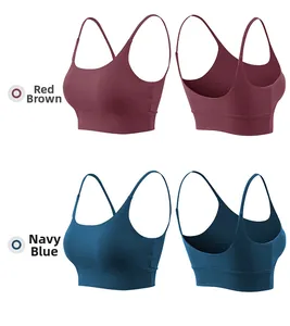 Detail of thin strap sports bra in Reddish Brown and Navy Blue with U-back design