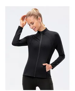 Close-up of black slim-fit yoga jacket with stand collar and full-length front zipper