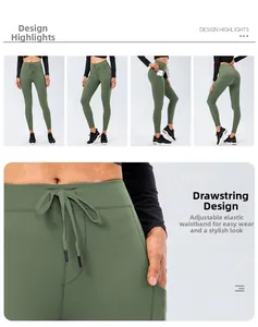 Detail view of high-waist yoga pants with adjustable drawstring and side pockets