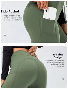 Detail view of avocado green yoga pants with side phone pockets and butt lifting seams