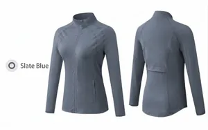 Detail view of ash blue women's slim fit yoga jacket with zipper and stand collar design