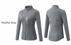 Detail view of heather grey slim-fit yoga jacket with full-zip and stand collar