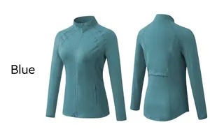 Detailed front and back view of blue slim fit long sleeve yoga jacket with full zipper