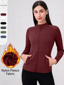 Veste de Yoga Femme Coupe Slim Doublée Molleton Fermeture Éclair Top Sportif Col Montant Nylon Course Fitness Manches Longues