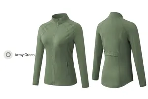 Army green slim fit yoga jacket with stand collar and breathable back slit design