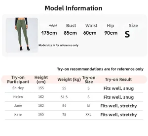 Size guide for high-waisted yoga leggings with drawstring waist and model measurements