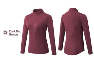 Front and back views of a dark reddish brown slim fit zip-up women's yoga jacket