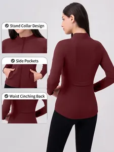 Veste de yoga thermique bordeaux pour femme avec fermeture éclair et col montant