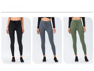 Detailed color display of high waist drawstring yoga leggings in black blue and green
