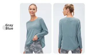 Vues avant et arrière du haut de sport bleu gris à séchage rapide avec ourlet arrondi