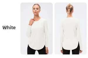 Front and back view of white UV protection long sleeve yoga top with curved hem detail